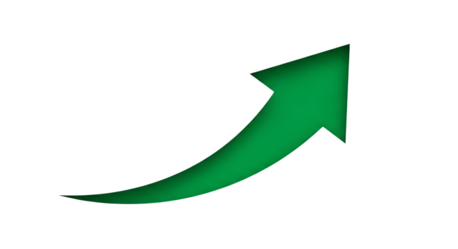 Green upward curving arrow, With subtle gradient and white outline, cutout, PNG isolated on transparent background