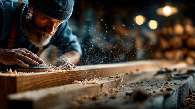 Skilled Craftsman Sanding Wood in Workshop Creating Fine Details and Smooth Surfaces