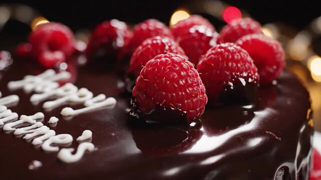Delicious chocolate cake with raspberries and Happy Valentines Day writing.