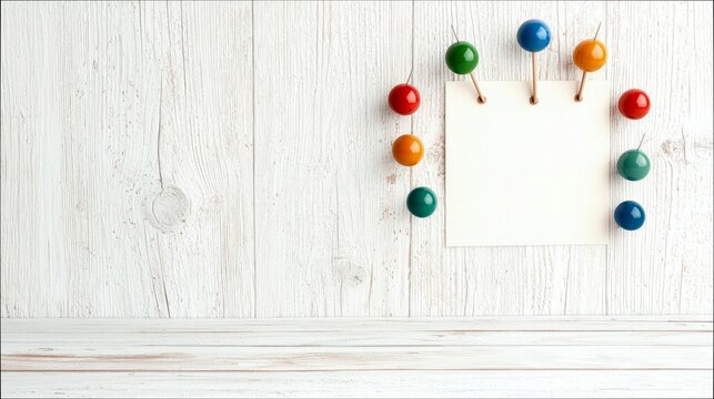 A blank white square note is pinned to a white wooden wall using colorful pushpins arranged around it. The scene is brightly lit, creating a clean and organized