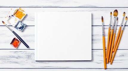 A flat lay composition featuring a blank notebook, watercolor paints in pans, and several paintbrushes arranged on a white wooden surface.