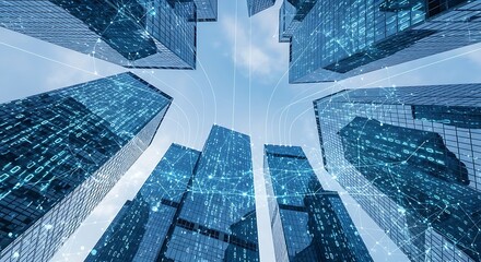 Dynamic low-angle view of modern skyscrapers intertwined with a digital network, symbolizing global business, smart city infrastructure, and technological innovation in a connected urban landscape