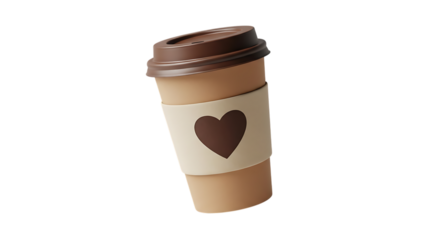 Coffee cup, Brown with heart sleeve and lid, cutout, PNG isolated on transparent background