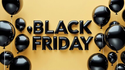 Vibrant Black Friday deals with glossy balloons and bold lettering on a bright yellow background, illustration abstract