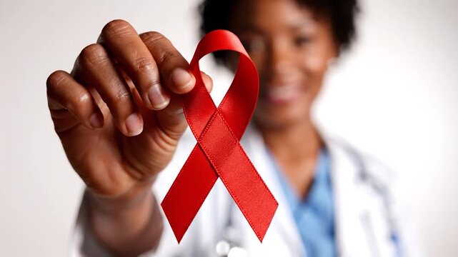 Doctor Holding Red Ribbon Symbolizing HIV Awareness.