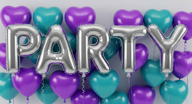 Festive 3D illustration of silver metallic foil balloons spelling the word PARTY. The text overlays a vibrant background of glossy purple and turquoise heart-shaped balloons