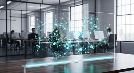 Futuristic office workplace with holographic data visualization on a transparent screen.