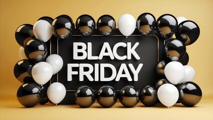 Black and white glossy balloons float against a bright yellow background, creating a festive Black Friday banner vibe