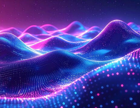 Glowing digital landscape with flowing lines and a vibrant pink and blue gradient - Powered by Adobe