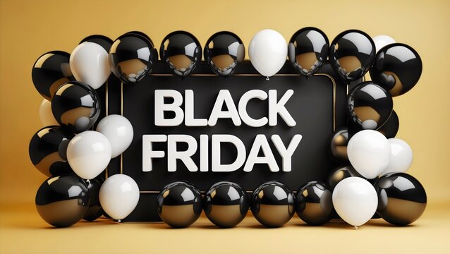 Black and white glossy balloons float against a bright yellow background, creating a festive Black Friday banner vibe