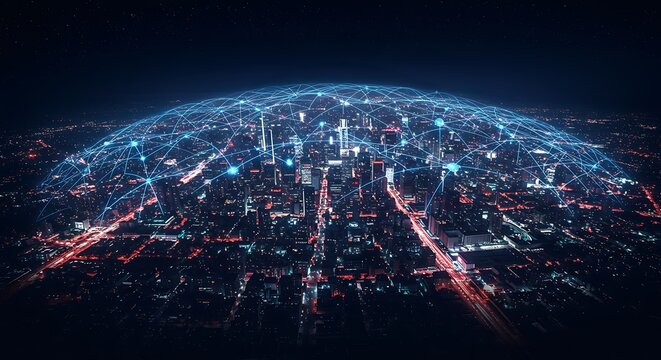 Glowing digital network over an illuminated cityscape at night, connecting with lines and nodes