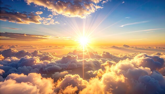 Golden Sunrise Above Clouds: Breathtaking Aerial View of a Radiant Sky - Inspiring Hope and Tranquility