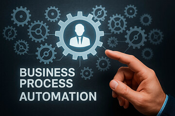 Business Process Automation concept with gear icon on black board.