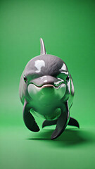 The dolphin is swimming on a green surface.