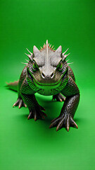 An iguana with sharp teeth and a spiky back on a green background.