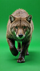 Brown furry wild dog with yellow eyes and darker nose on alert walking forward against green background looking towards camera.
