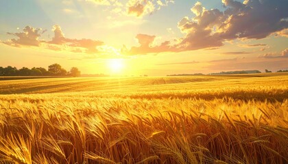 Obraz premium Golden Wheat Field at Sunset: Serene Landscape with Dramatic Sky - Rural Summer Scene, Warm Light, Peaceful Countryside
