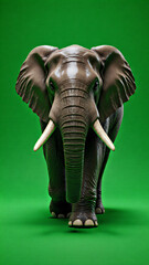 Statue of elephant on green background with trunk raised.