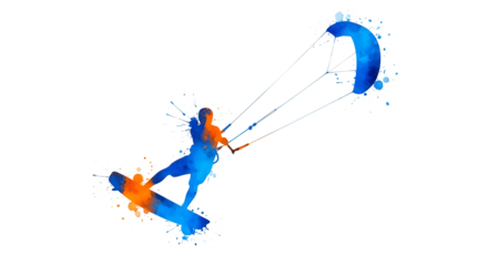 Kitesurfer, Silhouette with blue and orange watercolor splashes, cutout, PNG isolated on transparent background