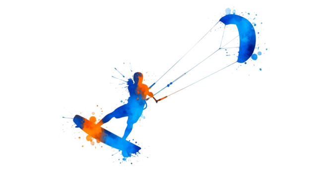 Kitesurfer, Silhouette with blue and orange watercolor splashes, cutout, PNG isolated on transparent background