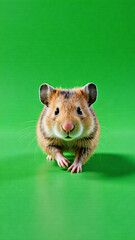 This is a small hamster with large dark eyes and white whiskers staring directly at the camera standing on green surface with its legs outstretched.