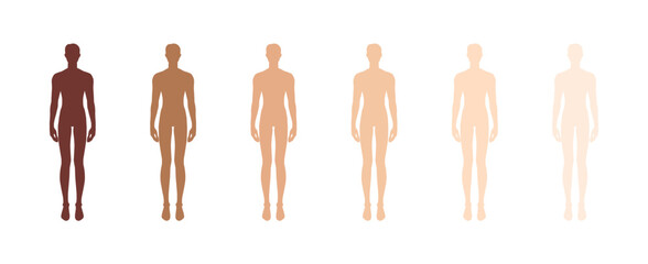 Male body silhouettes skin color diversity shades front view vector set. Inclusive human anatomy template, multicultural variation, man different skin tones art, fashion concept.