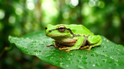 Documenting the intricate camouflage of a vibrant green tree frog, perfectly blended into its lush, dew kissed tropical leaf environment. Observational macro footage