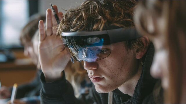 Student wearing AR headset during interactive learning session, Student interacting with virtual elements while wearing AR headset