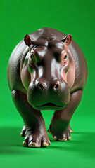 Hippopotamus looking sideways with closed eyes dark brown skin and wide mouth against green background suitable for nature or wildlife themes
