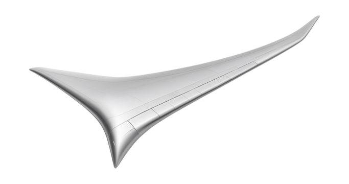 Asymmetrical swept wing design featuring visible control surfaces.