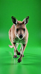 A kangaroo running on a green background with its feet in motion and ears upright displaying alertness.