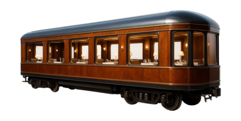 Dining car with large side windows and stylish wood paneling.