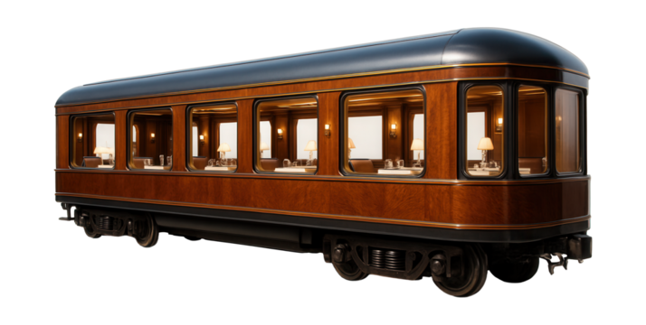 Dining car with large side windows and stylish wood paneling.