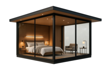 Sleeper cabin featuring expansive glass walls and contemporary interior design.