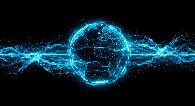 Glowing digital representation of Earth encased within vibrant energy waves, set against a dark backdrop