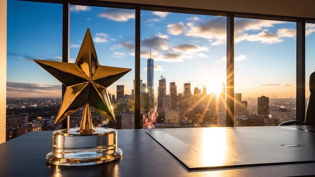 Golden Star Award on Desk with City View at Sunset.