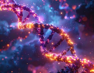 Glowing DNA model spirals with particles in a blurry, luminous cosmic background