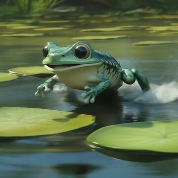 Cartoon Frog Jumping Over Water Lily Pads in a Pond