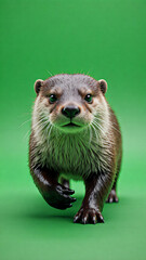 Furry brown otter with wide alert eyes walking on green surface possibly in a zoo enclosure.
