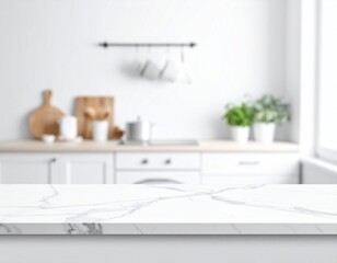 Bright White Quartz, Blurred Kitchen Environment.