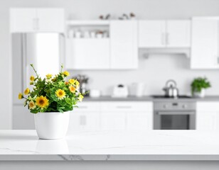 Elegant White Focus, Blurred Kitchen Backdrop.