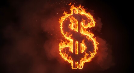 Glowing dollar sign on fire, symbolizing financial struggles or economic crisis, in a dark setting
