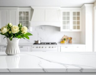 Elevated White Surface, Blurred Kitchen Scene.