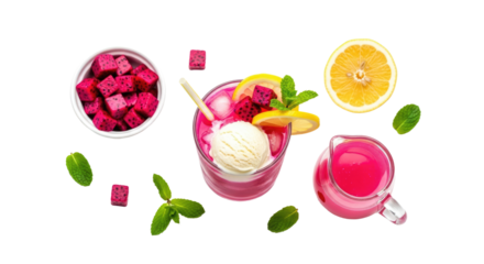 Assorted Fruit Juices and Fresh Fruit Slices.