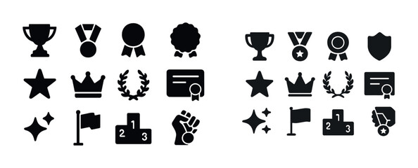 Award and achievement icons collection: trophies, medals, badges, crowns, stars