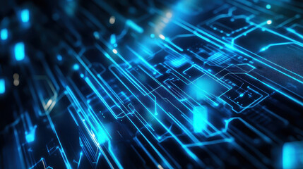 Obraz premium Digital circuit board with glowing blue lines and futuristic technology design in dark background