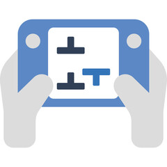 Hands Holding Blue Portable Video Game Console Playing Puzzle Game with Blue and Black Blocks on Screen with Transparent Background
