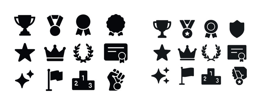 Award and achievement icons collection: trophies, medals, badges, crowns, stars