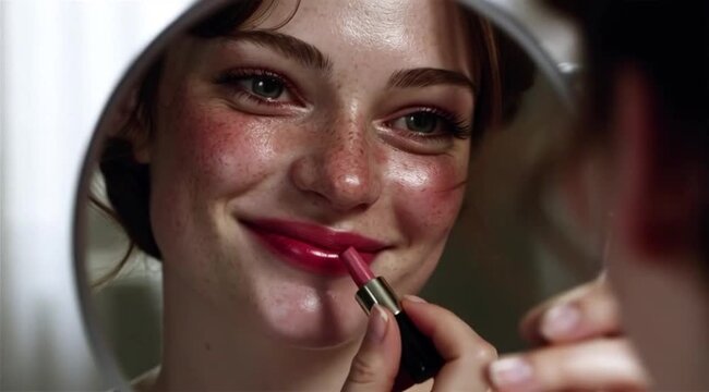 Linda mulher sorridente passando batom nos labios