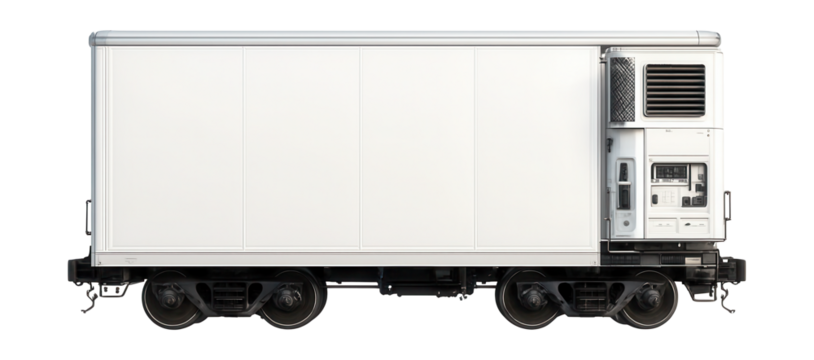 Insulated boxcar with smooth white panels and temperature regulation system.
